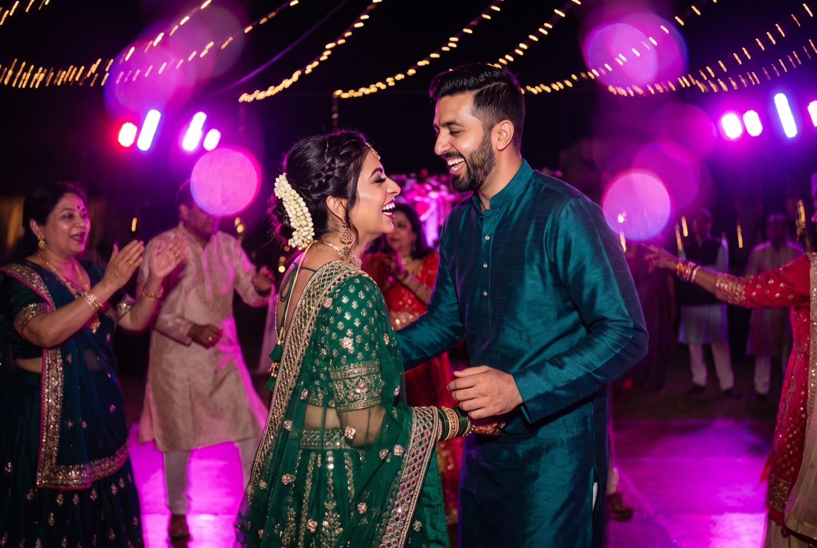 Ananya in an emerald mirror-work lehenga and Rohan in a teal kurta, laughing together on the sangeet dance floor under magenta festival lights.